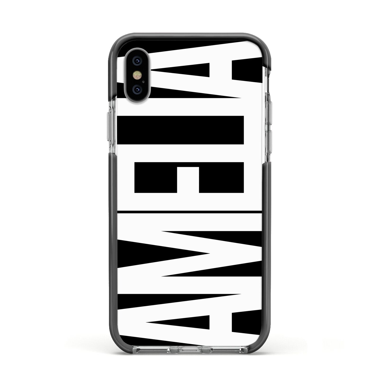 Black with Bold White Name Apple iPhone Xs Impact Case Black Edge on Silver Phone