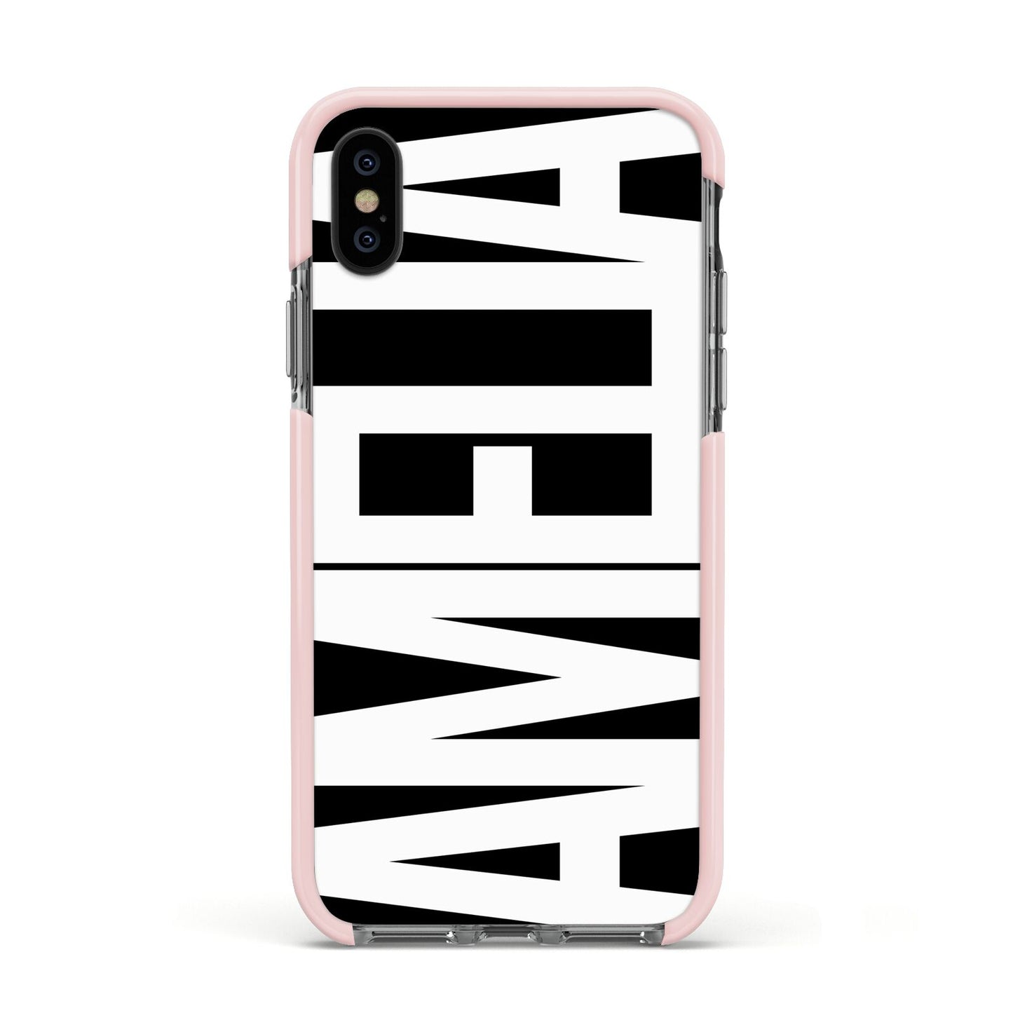 Black with Bold White Name Apple iPhone Xs Impact Case Pink Edge on Black Phone