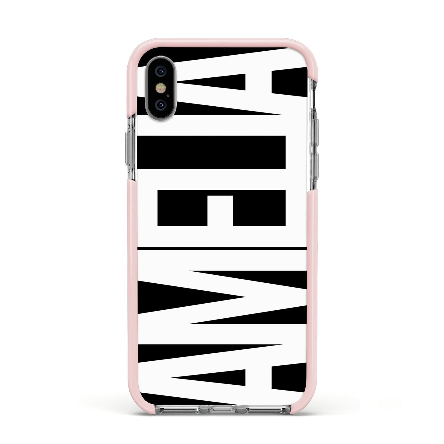 Black with Bold White Name Apple iPhone Xs Impact Case Pink Edge on Silver Phone