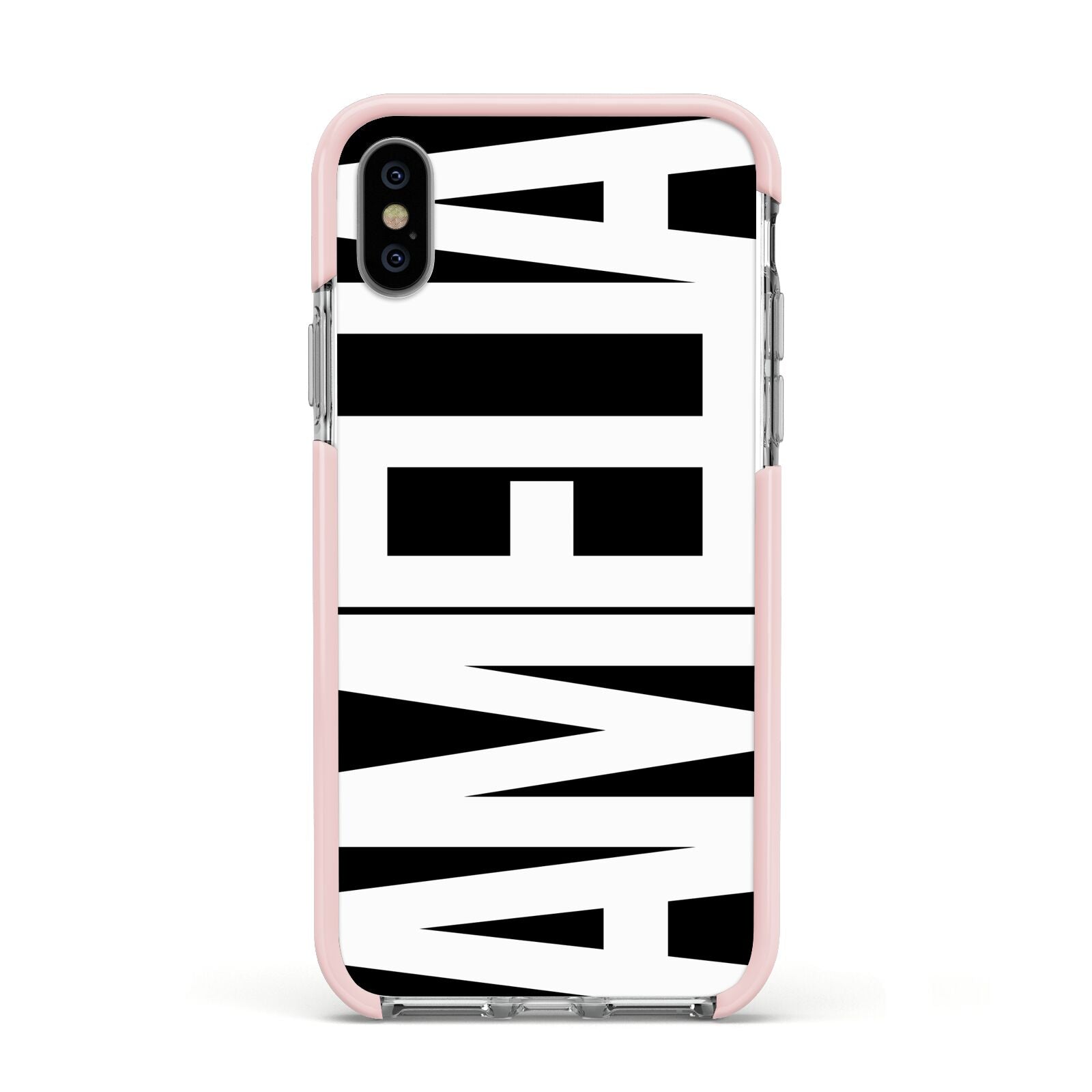 Black with Bold White Name Apple iPhone Xs Impact Case Pink Edge on Silver Phone