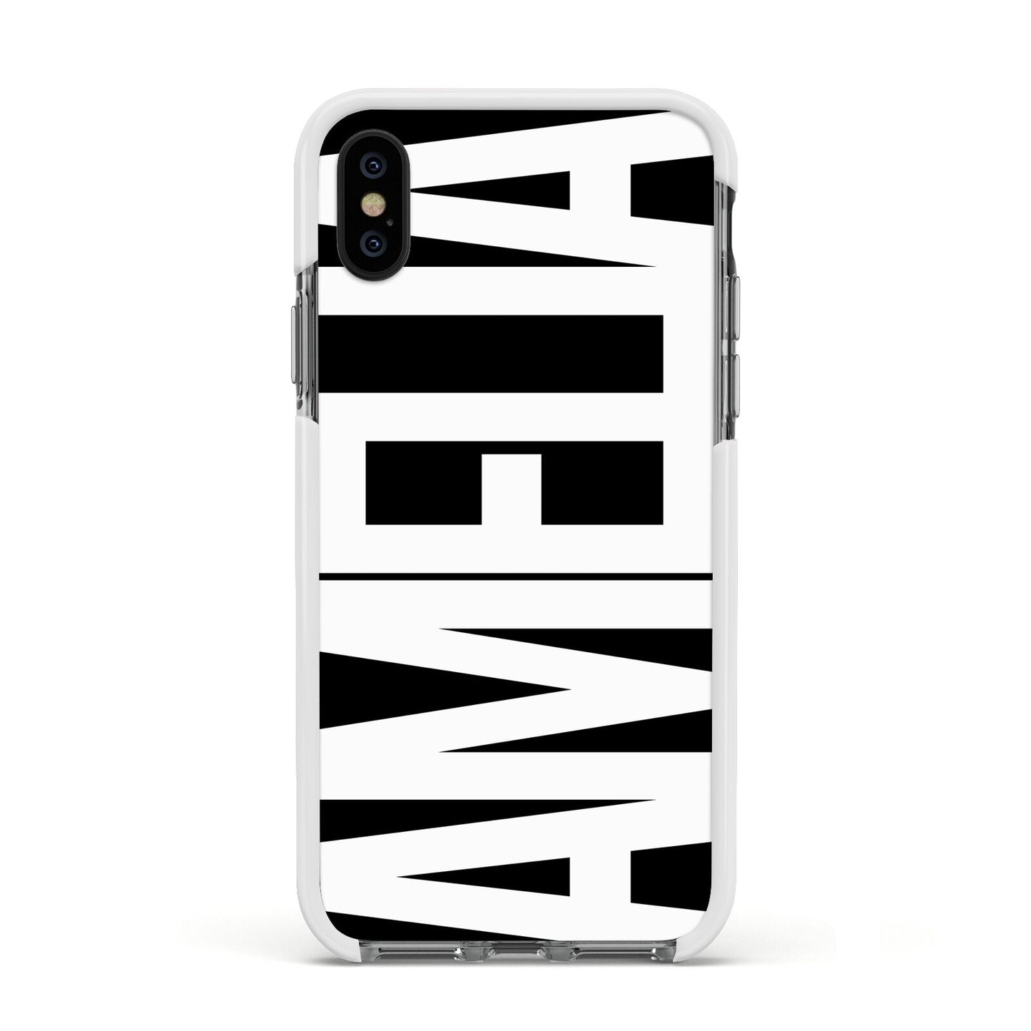 Black with Bold White Name Apple iPhone Xs Impact Case White Edge on Black Phone