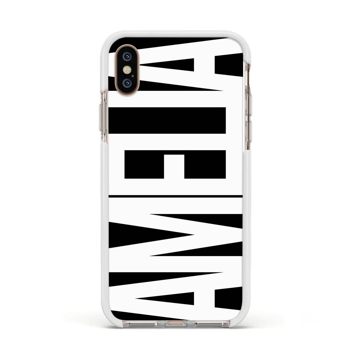 Black with Bold White Name Apple iPhone Xs Impact Case White Edge on Gold Phone