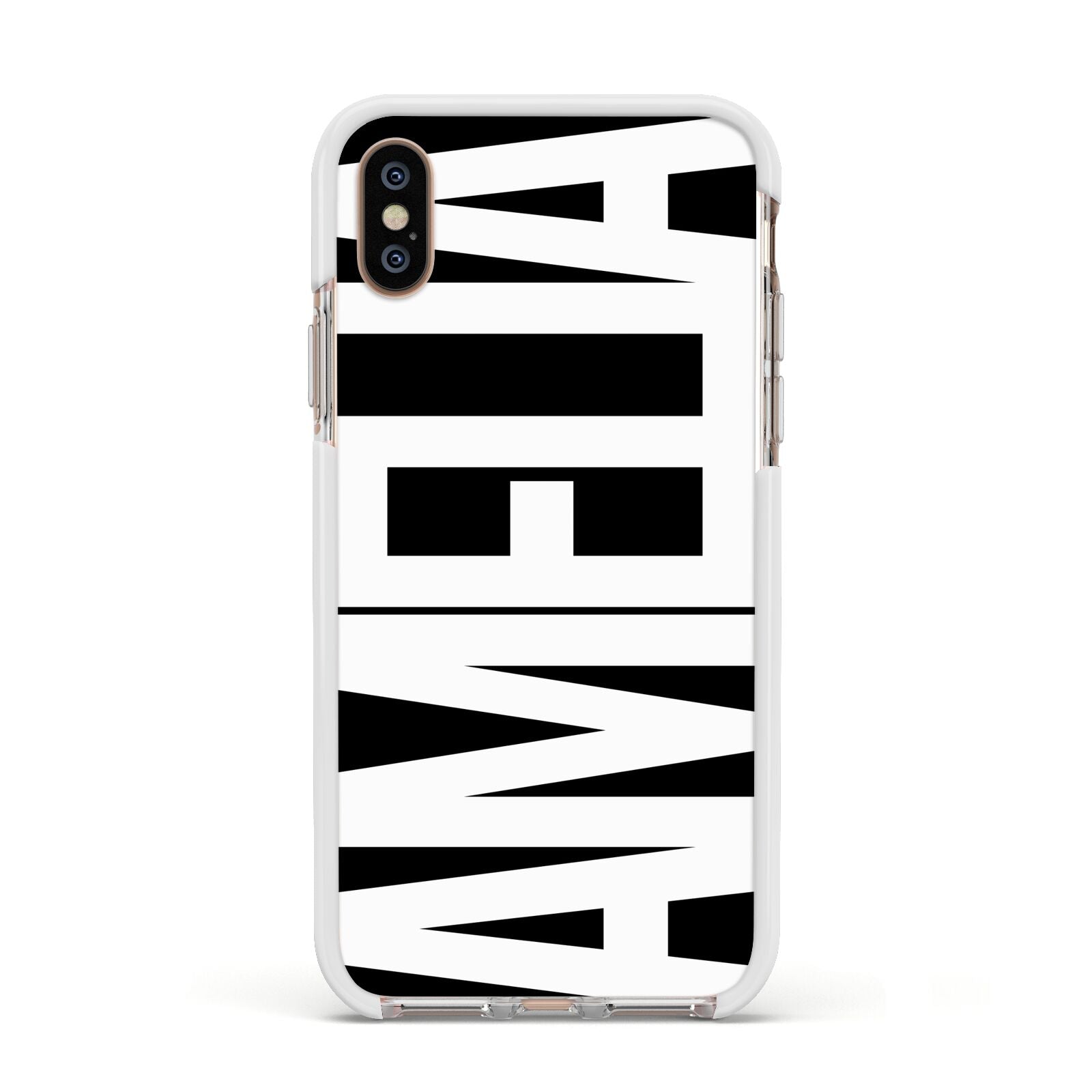 Black with Bold White Name Apple iPhone Xs Impact Case White Edge on Gold Phone
