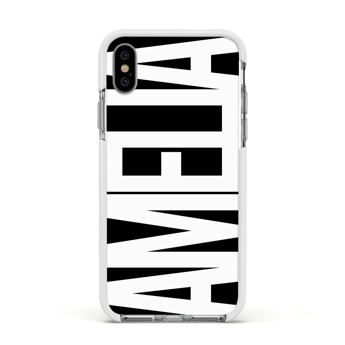 Black with Bold White Name Apple iPhone Xs Impact Case White Edge on Silver Phone