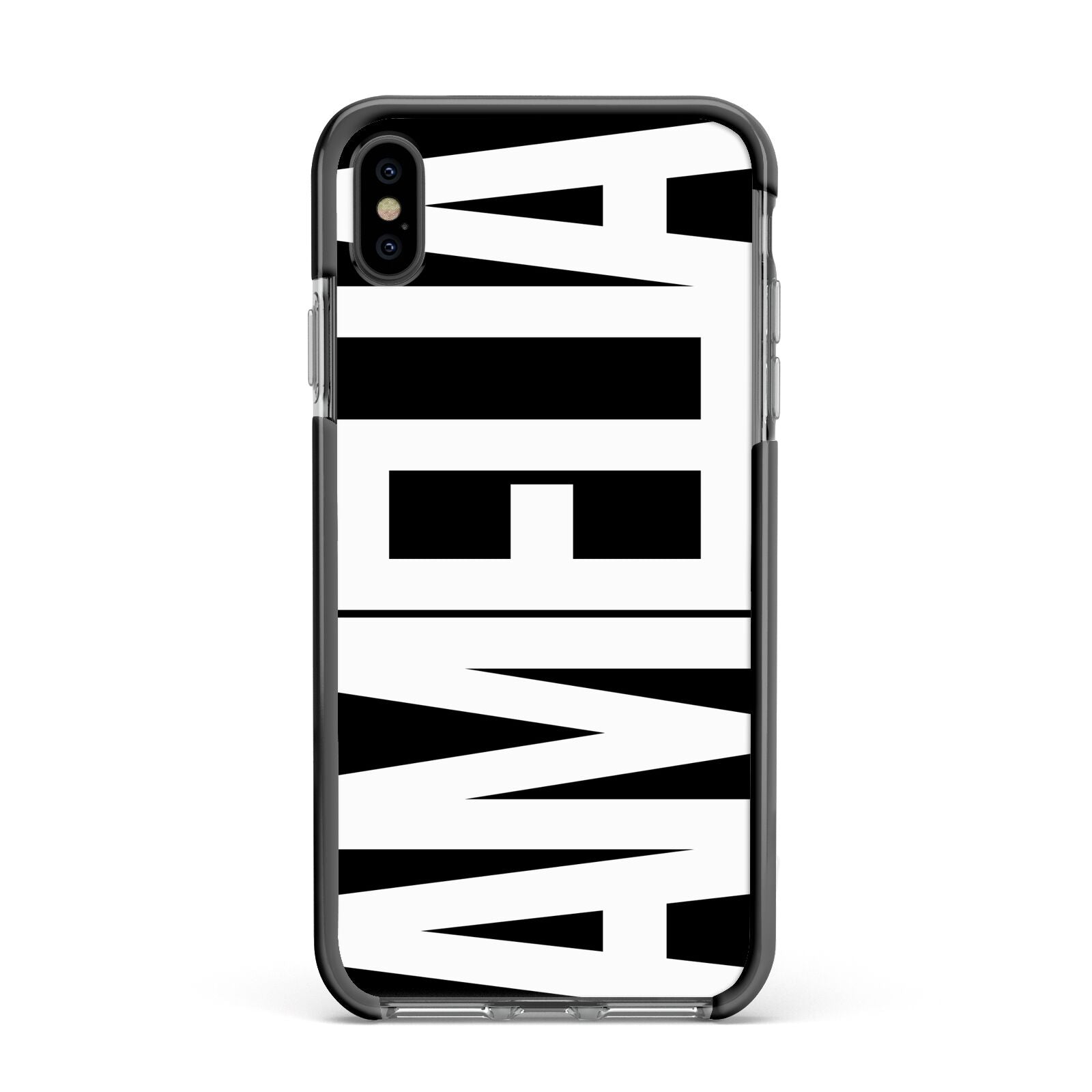 Black with Bold White Name Apple iPhone Xs Max Impact Case Black Edge on Black Phone