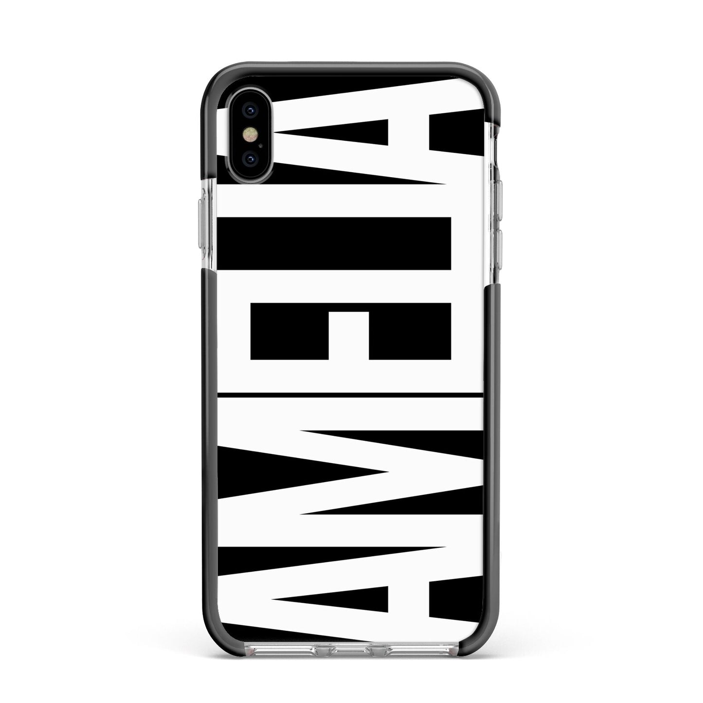Black with Bold White Name Apple iPhone Xs Max Impact Case Black Edge on Silver Phone