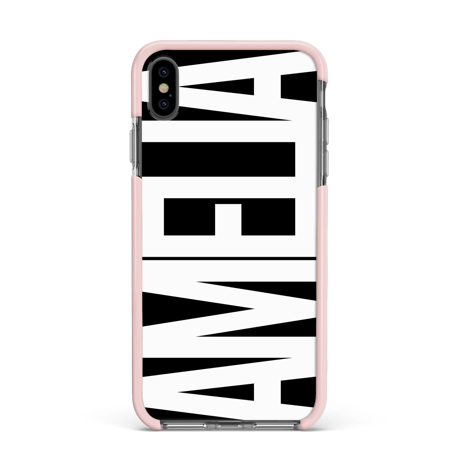 Black with Bold White Name Apple iPhone Xs Max Impact Case Pink Edge on Black Phone