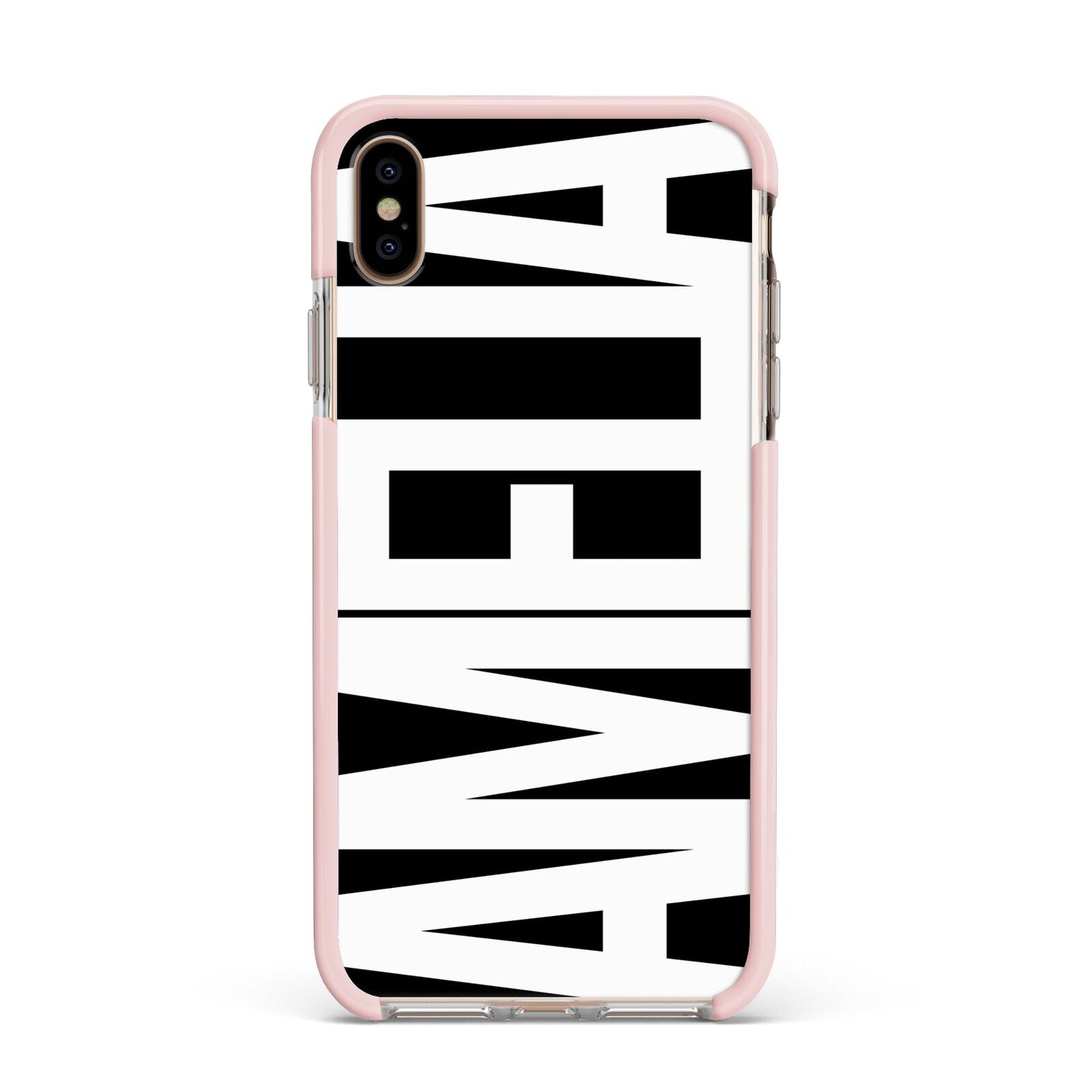 Black with Bold White Name Apple iPhone Xs Max Impact Case Pink Edge on Gold Phone