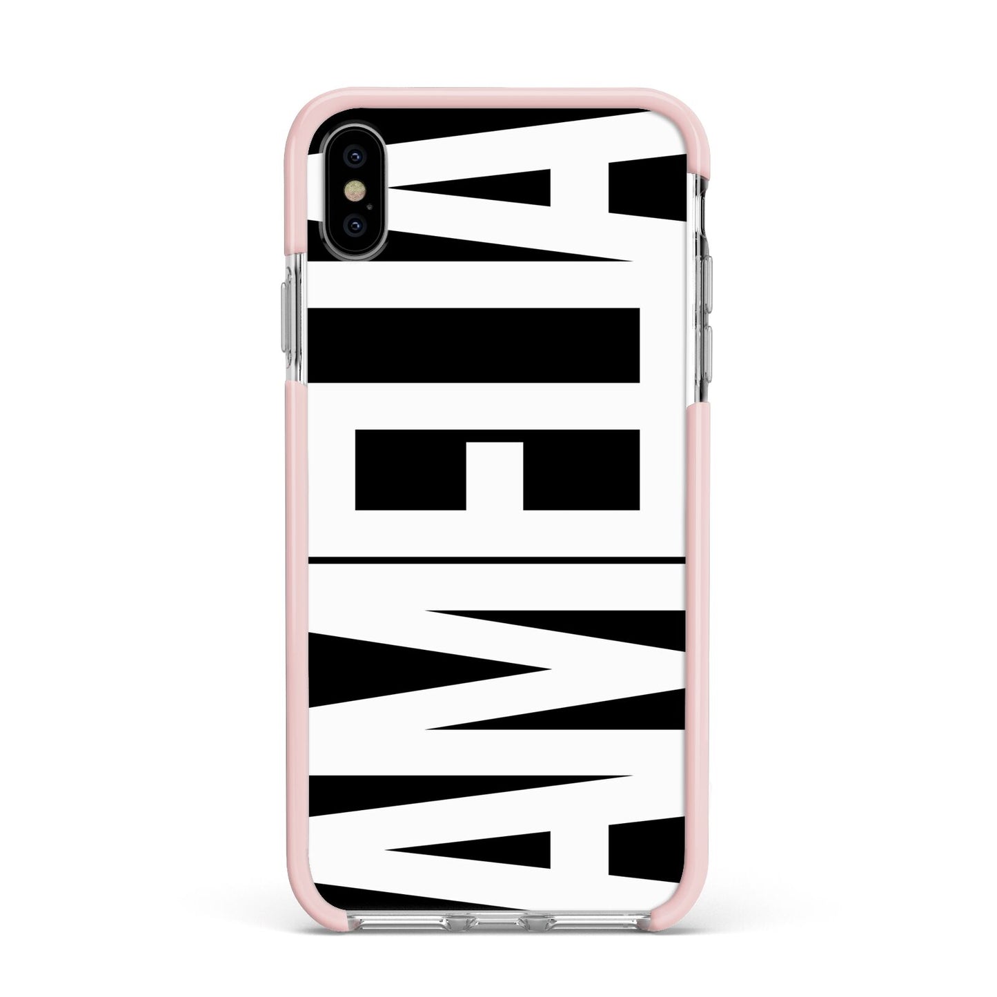 Black with Bold White Name Apple iPhone Xs Max Impact Case Pink Edge on Silver Phone