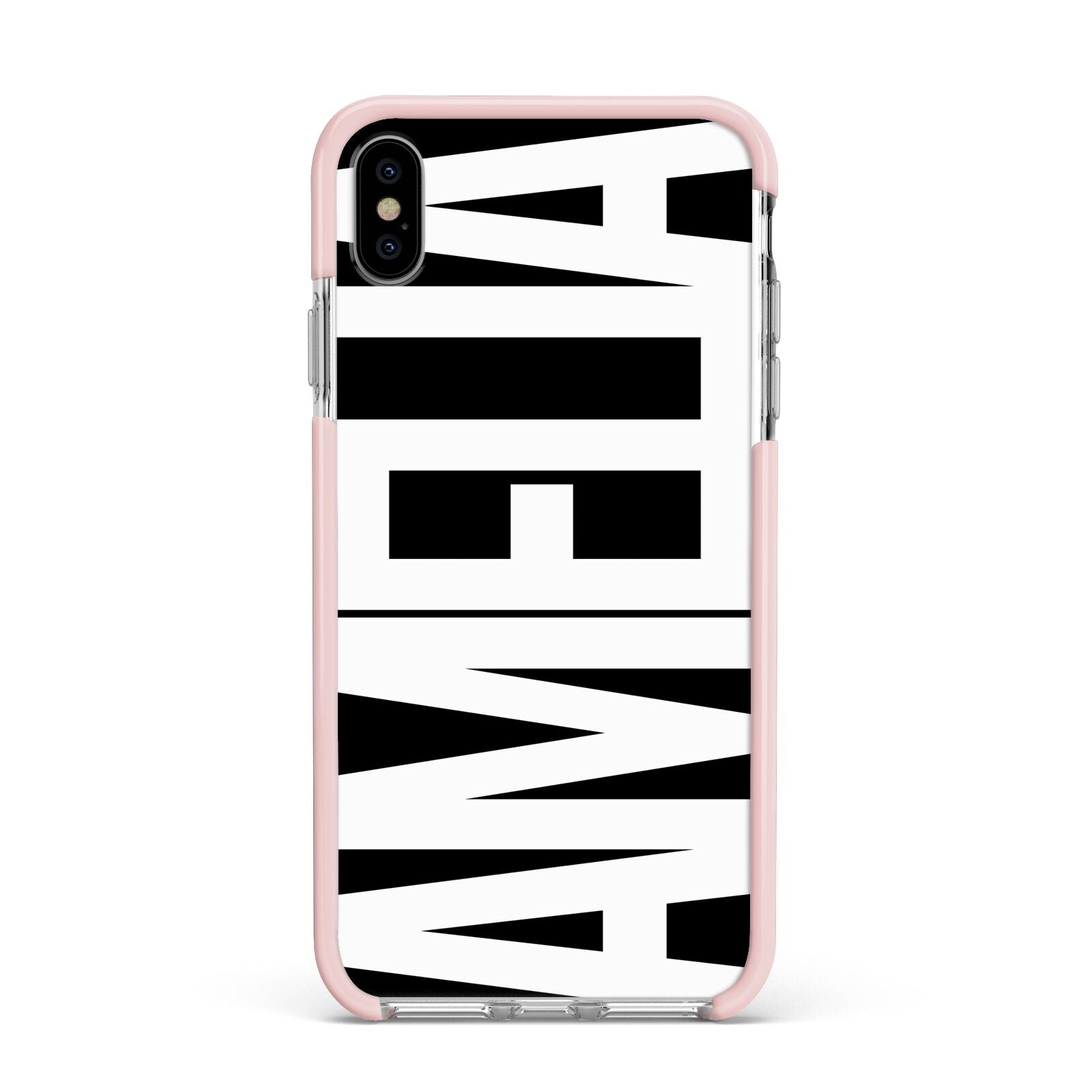 Black with Bold White Name Apple iPhone Xs Max Impact Case Pink Edge on Silver Phone