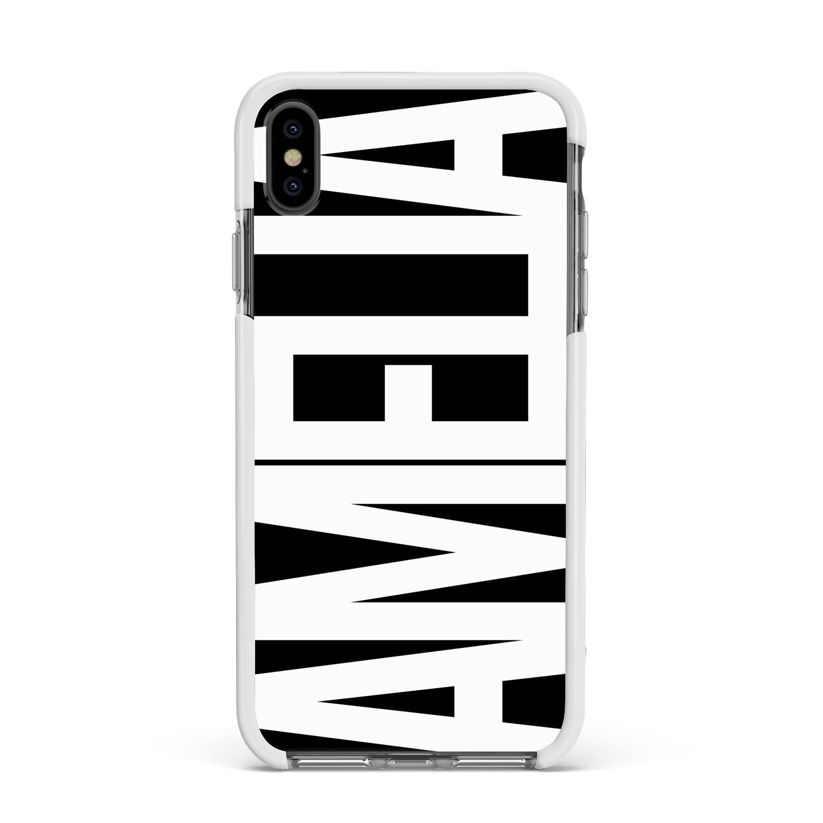 Black with Bold White Name Apple iPhone Xs Max Impact Case White Edge on Black Phone