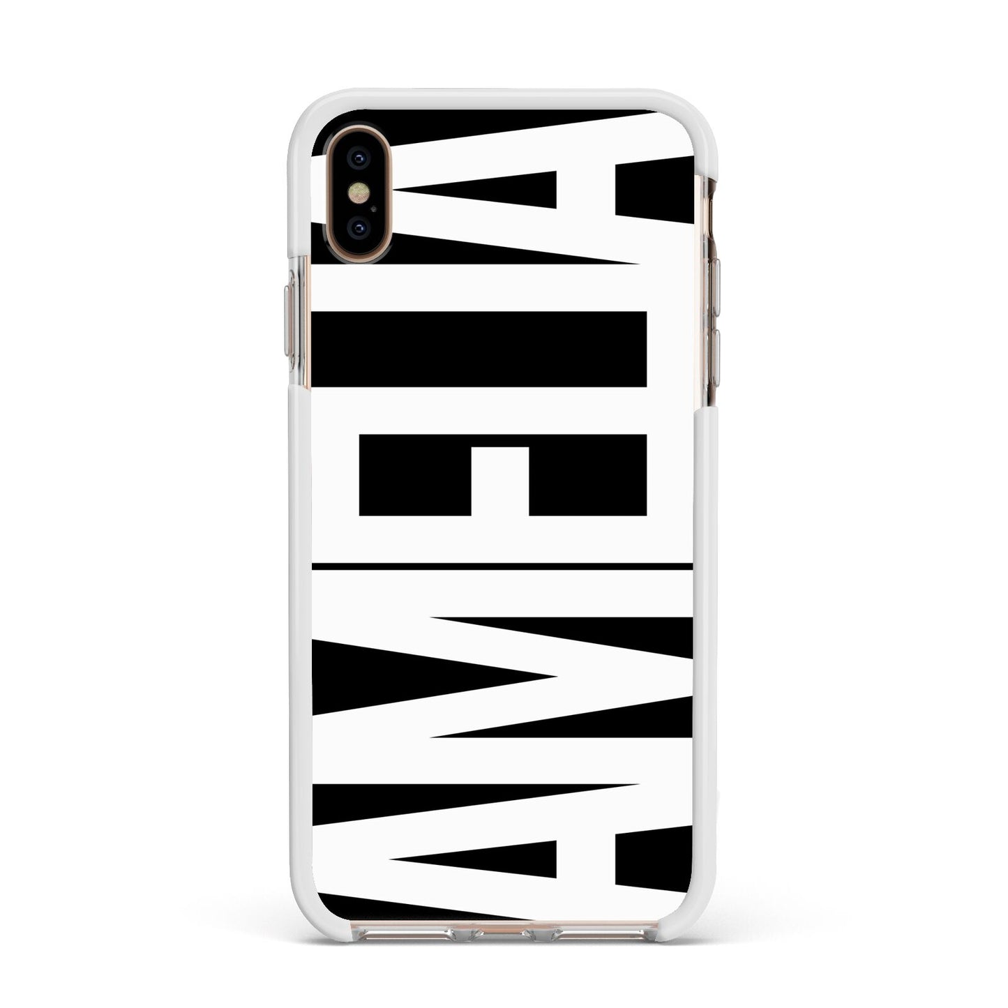 Black with Bold White Name Apple iPhone Xs Max Impact Case White Edge on Gold Phone