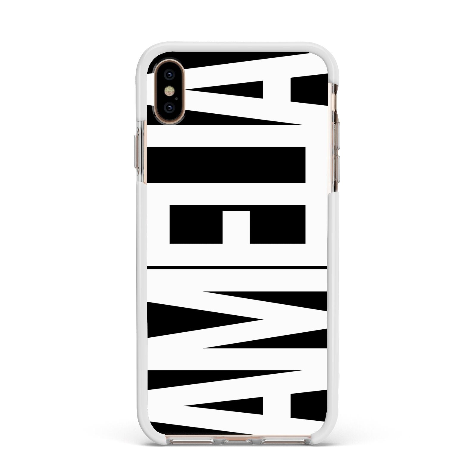 Black with Bold White Name Apple iPhone Xs Max Impact Case White Edge on Gold Phone
