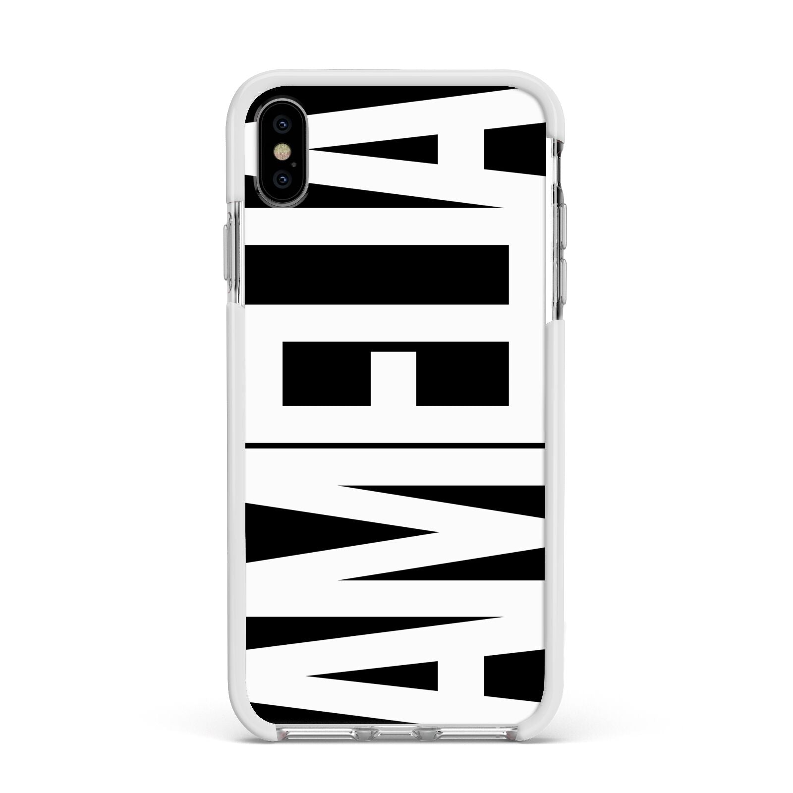 Black with Bold White Name Apple iPhone Xs Max Impact Case White Edge on Silver Phone