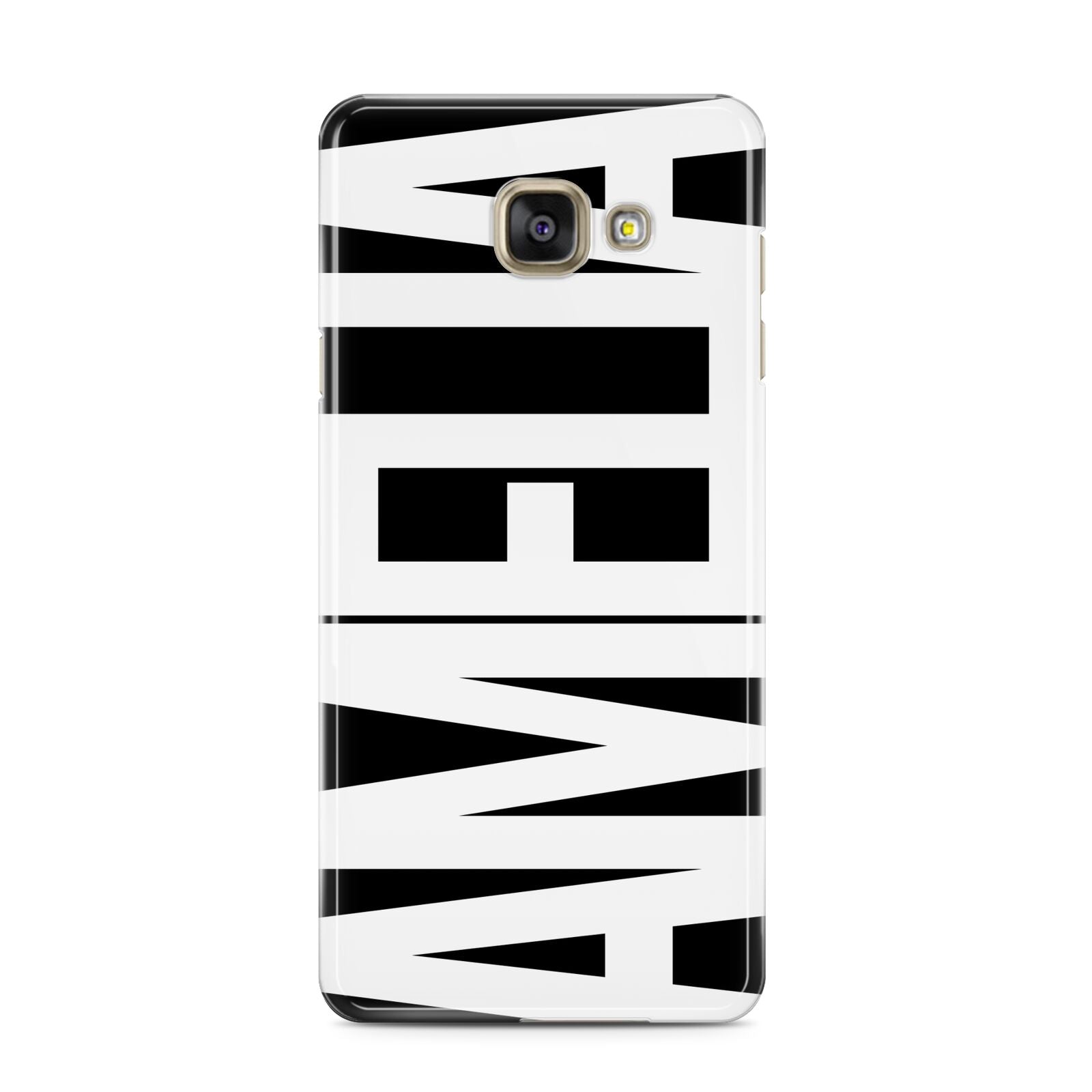 Black with Bold White Name Samsung Galaxy A3 2016 Case on gold phone