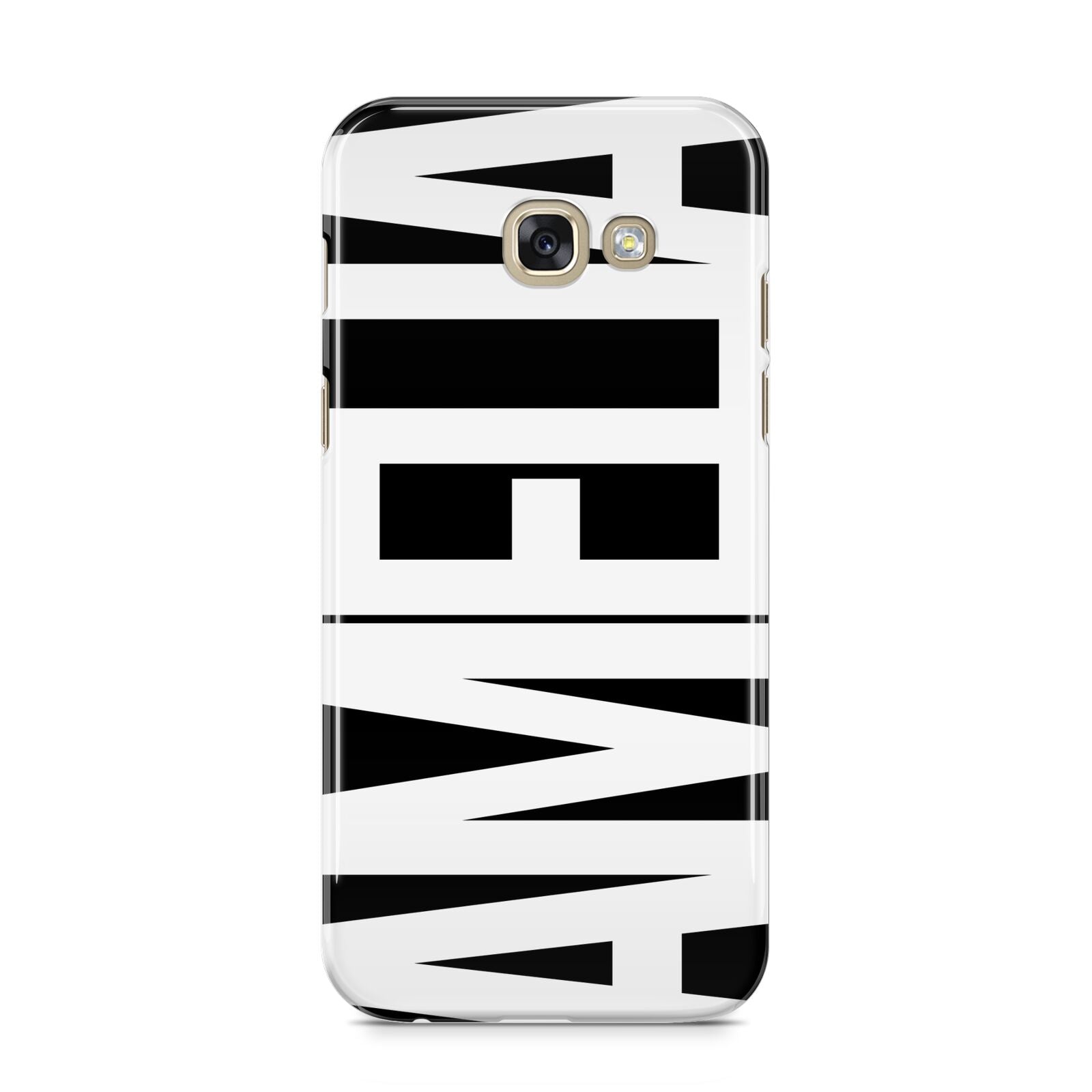 Black with Bold White Name Samsung Galaxy A5 2017 Case on gold phone