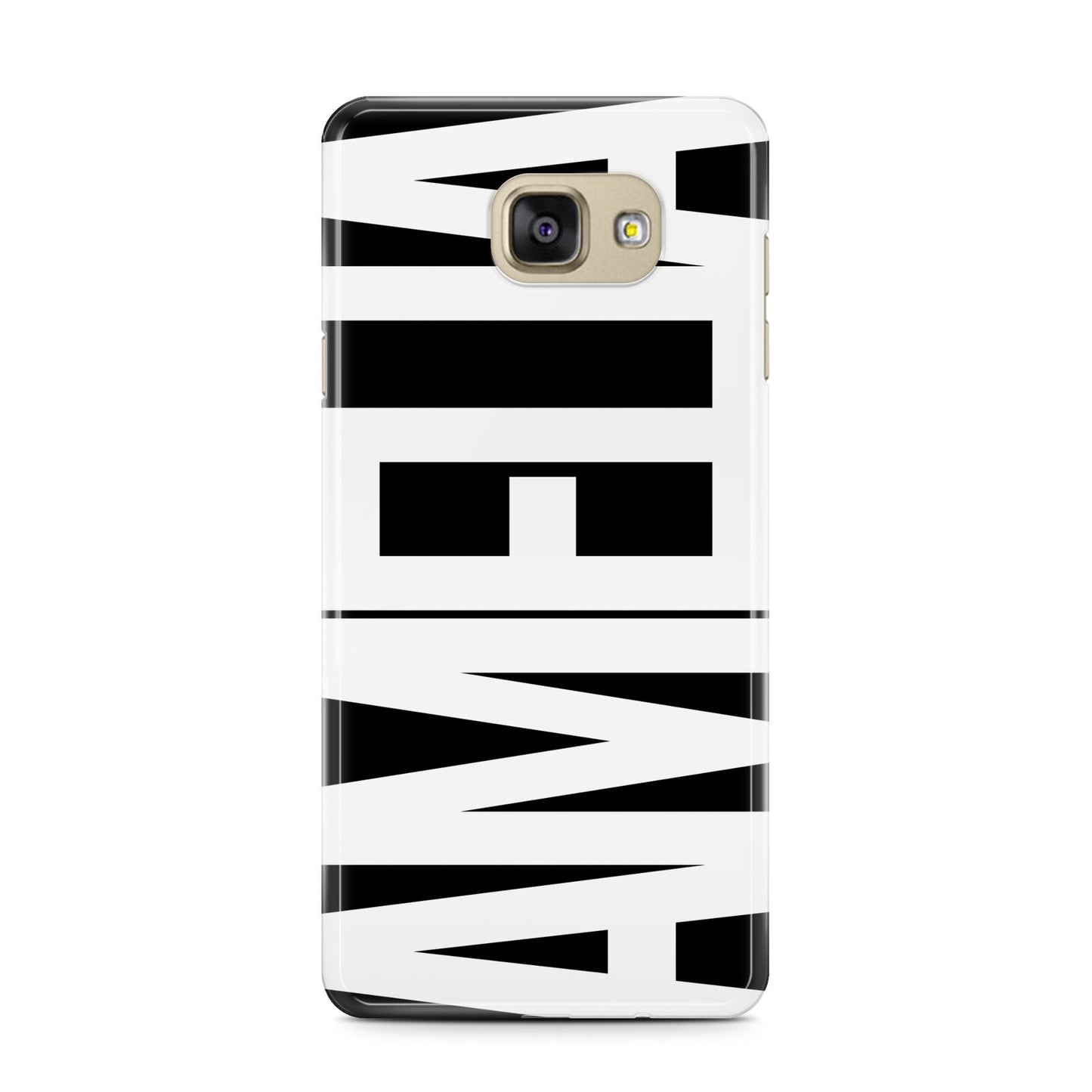 Black with Bold White Name Samsung Galaxy A7 2016 Case on gold phone