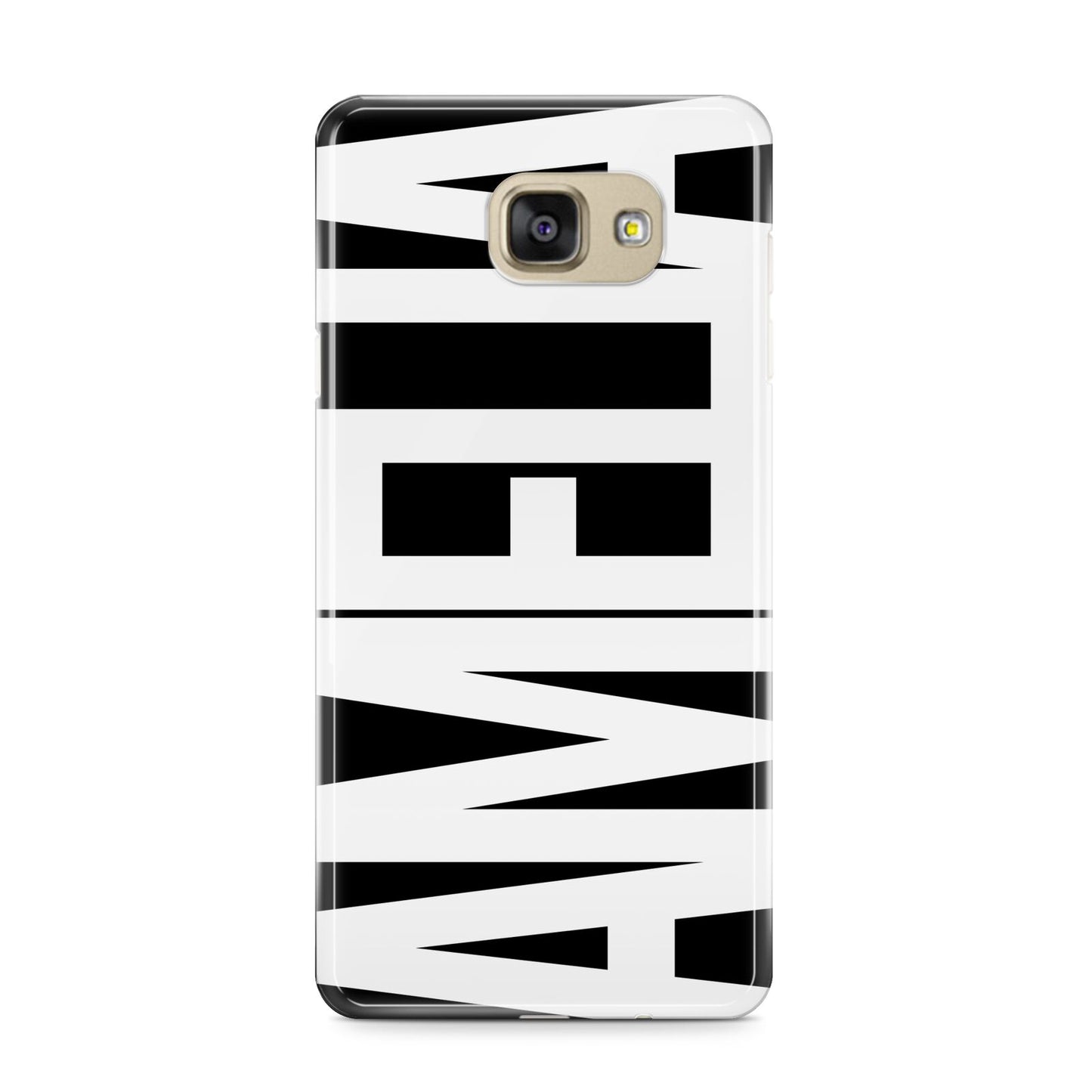 Black with Bold White Name Samsung Galaxy A9 2016 Case on gold phone