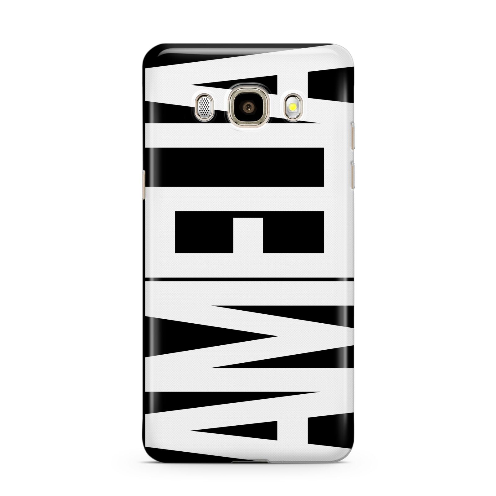 Black with Bold White Name Samsung Galaxy J7 2016 Case on gold phone