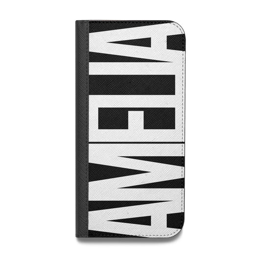 Black with Bold White Name Vegan Leather Flip iPhone Case