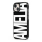 Black with Bold White Name iPhone 13 Black Impact Case Side Angle on Silver phone