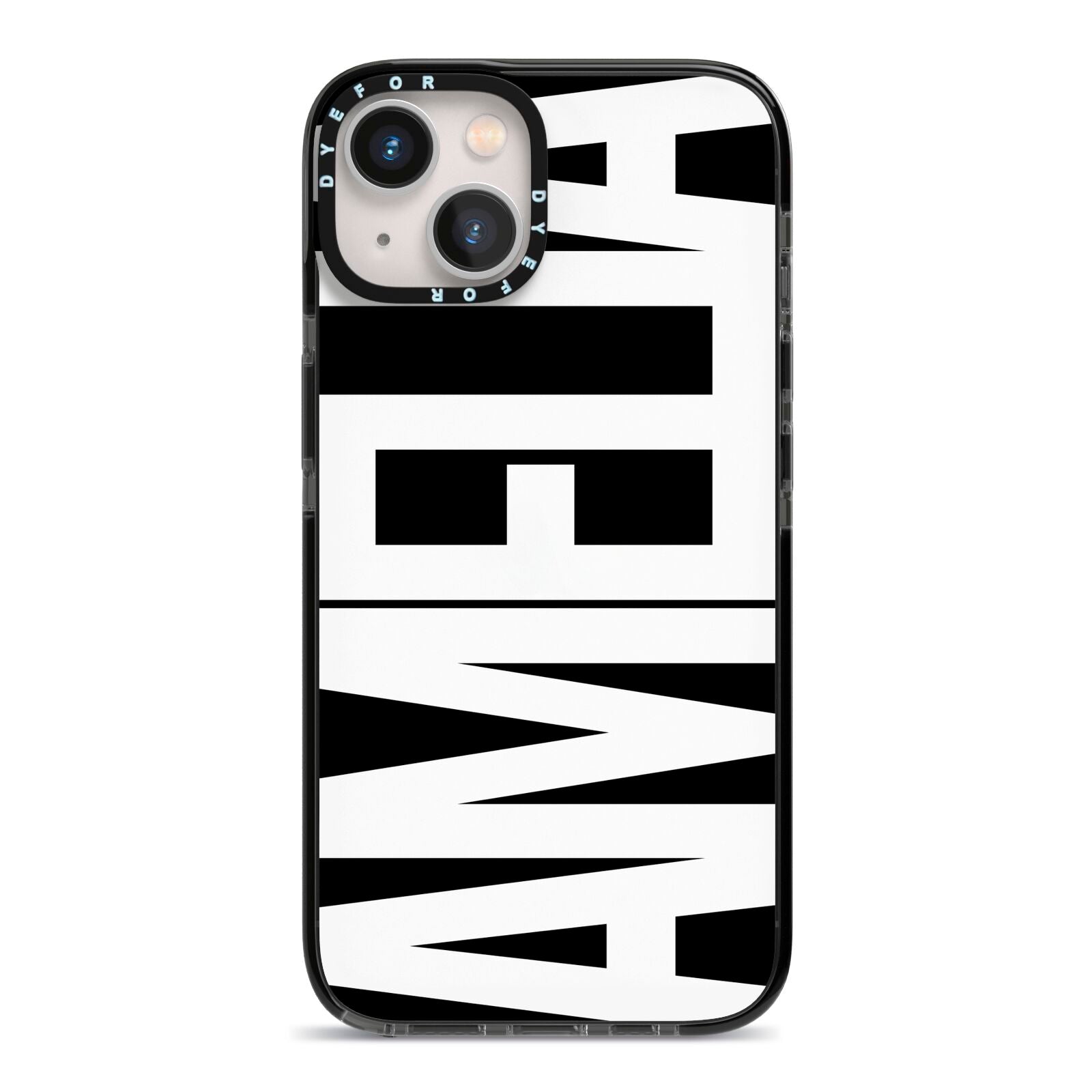Black with Bold White Name iPhone 13 Black Impact Case on Silver phone