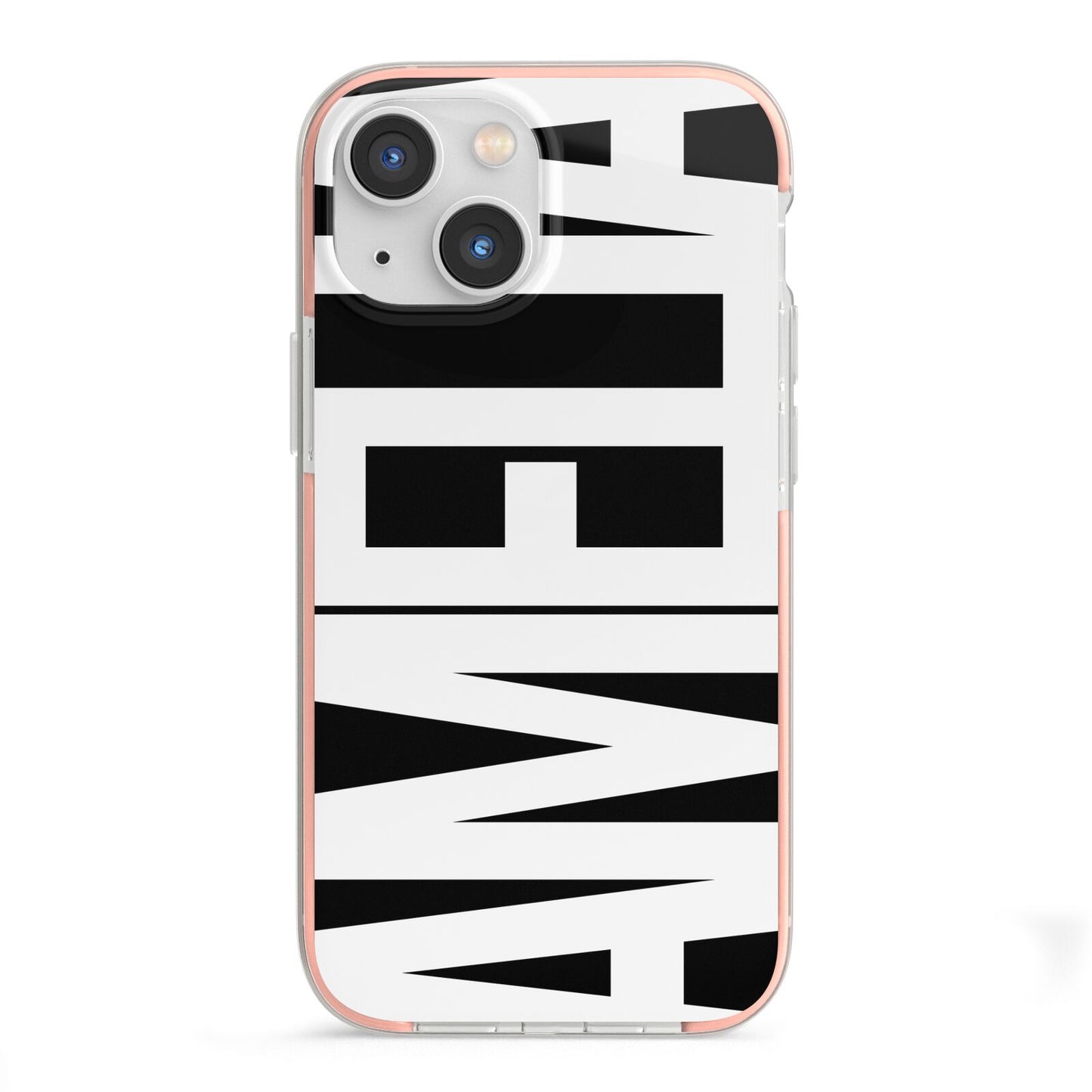 Black with Bold White Name iPhone 13 Mini TPU Impact Case with Pink Edges