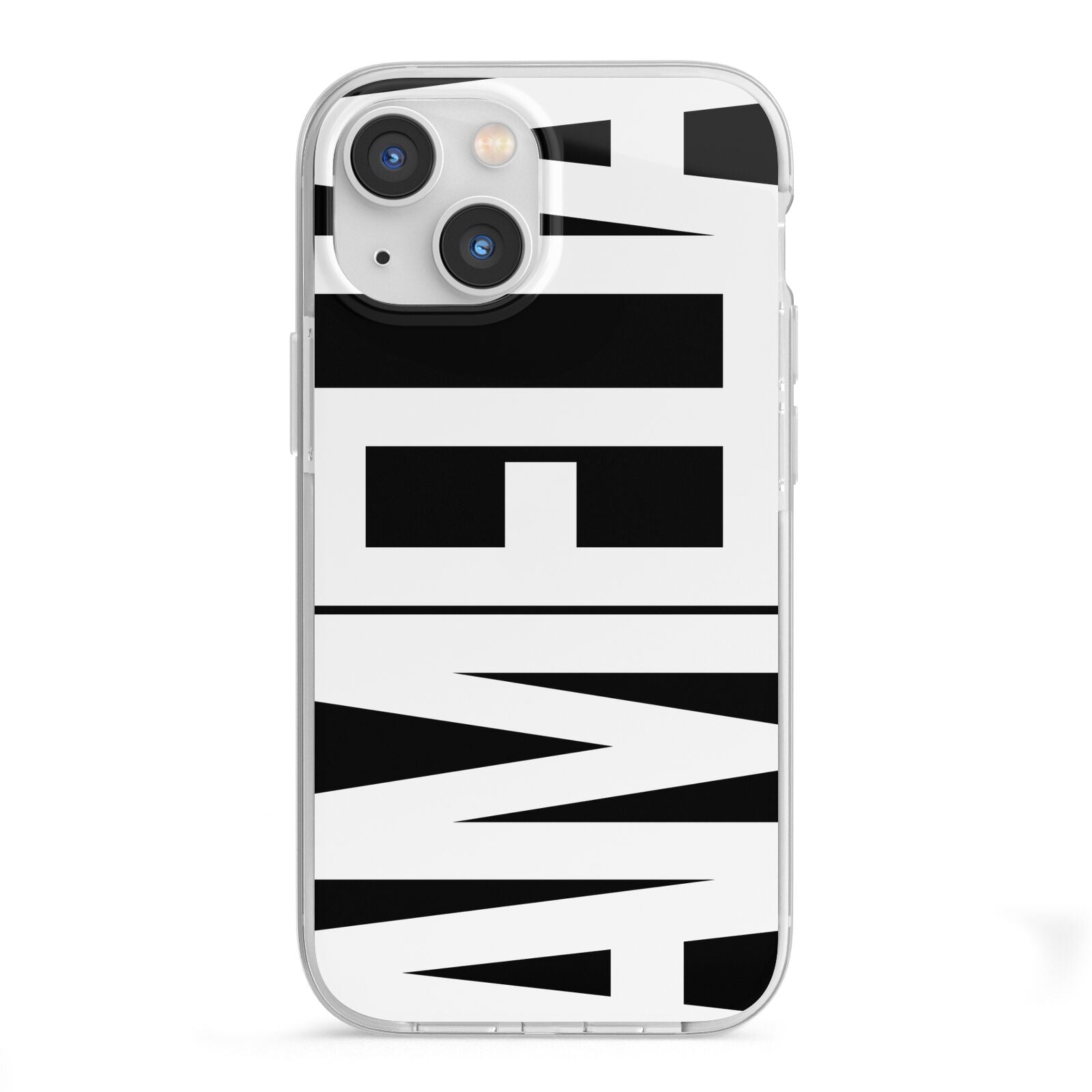 Black with Bold White Name iPhone 13 Mini TPU Impact Case with White Edges