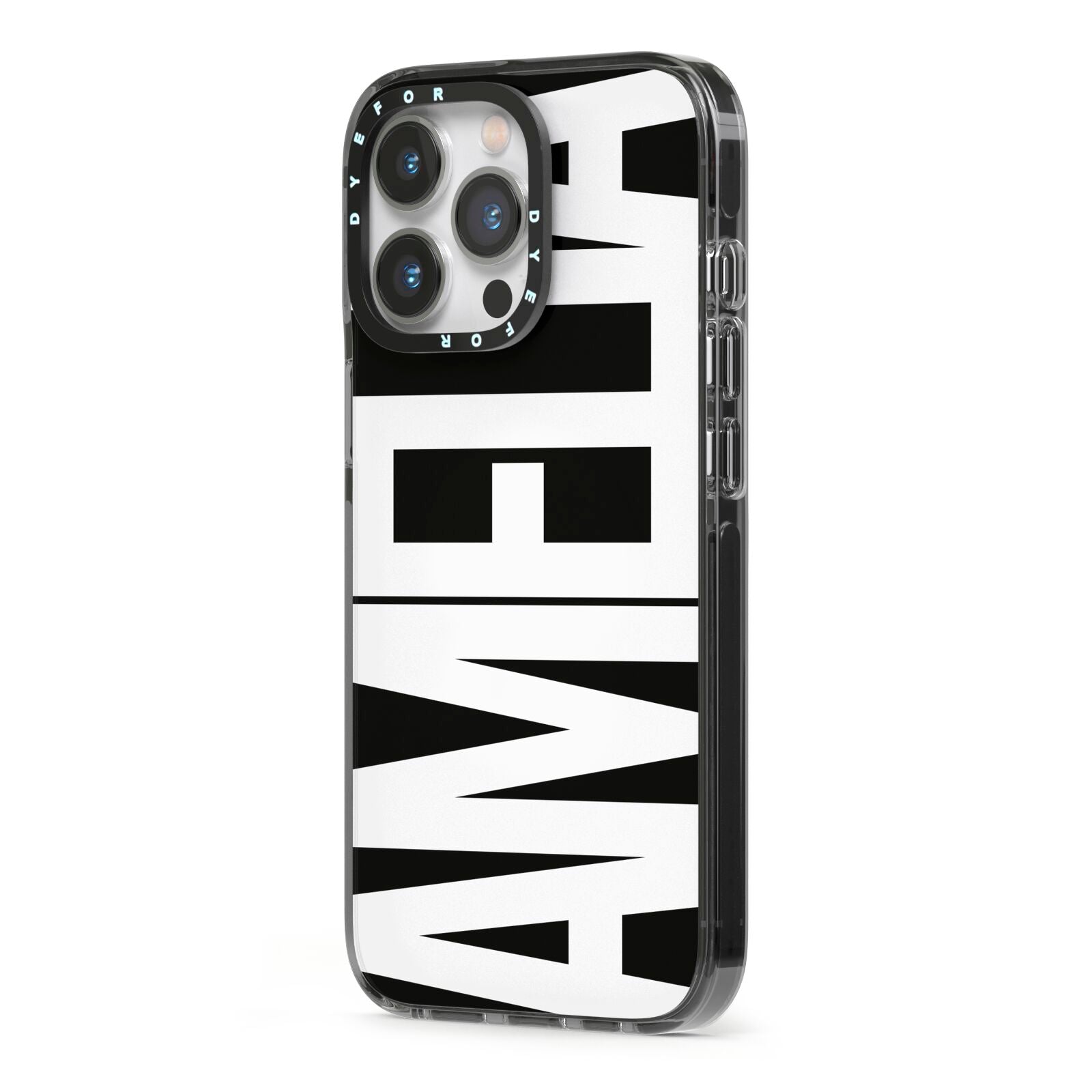 Black with Bold White Name iPhone 13 Pro Black Impact Case Side Angle on Silver phone