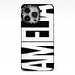 Black with Bold White Name iPhone 13 Pro Black Impact Case on Silver phone