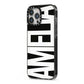 Black with Bold White Name iPhone 13 Pro Max Black Impact Case Side Angle on Silver phone