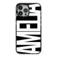 Black with Bold White Name iPhone 13 Pro Max Black Impact Case on Silver phone