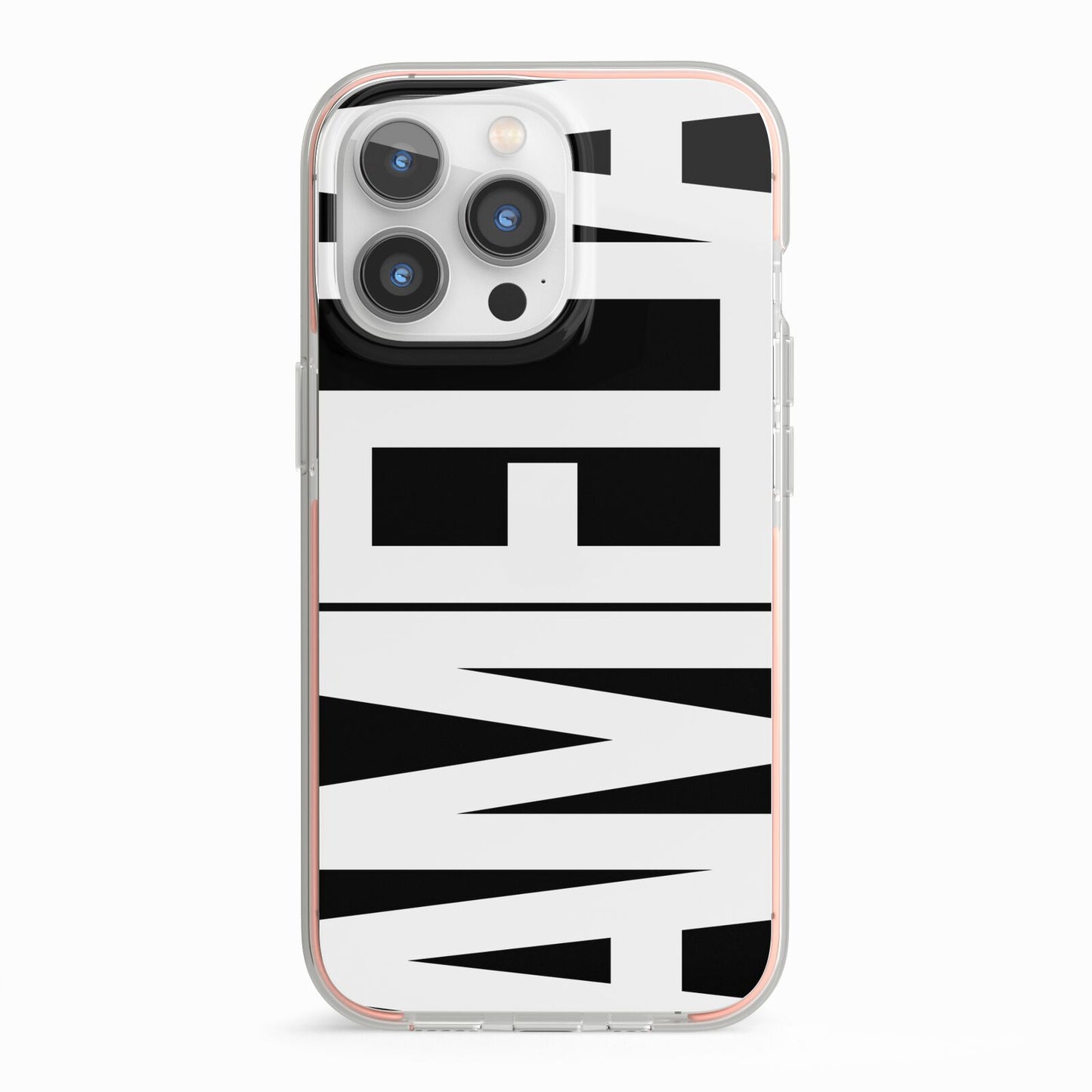 Black with Bold White Name iPhone 13 Pro TPU Impact Case with Pink Edges