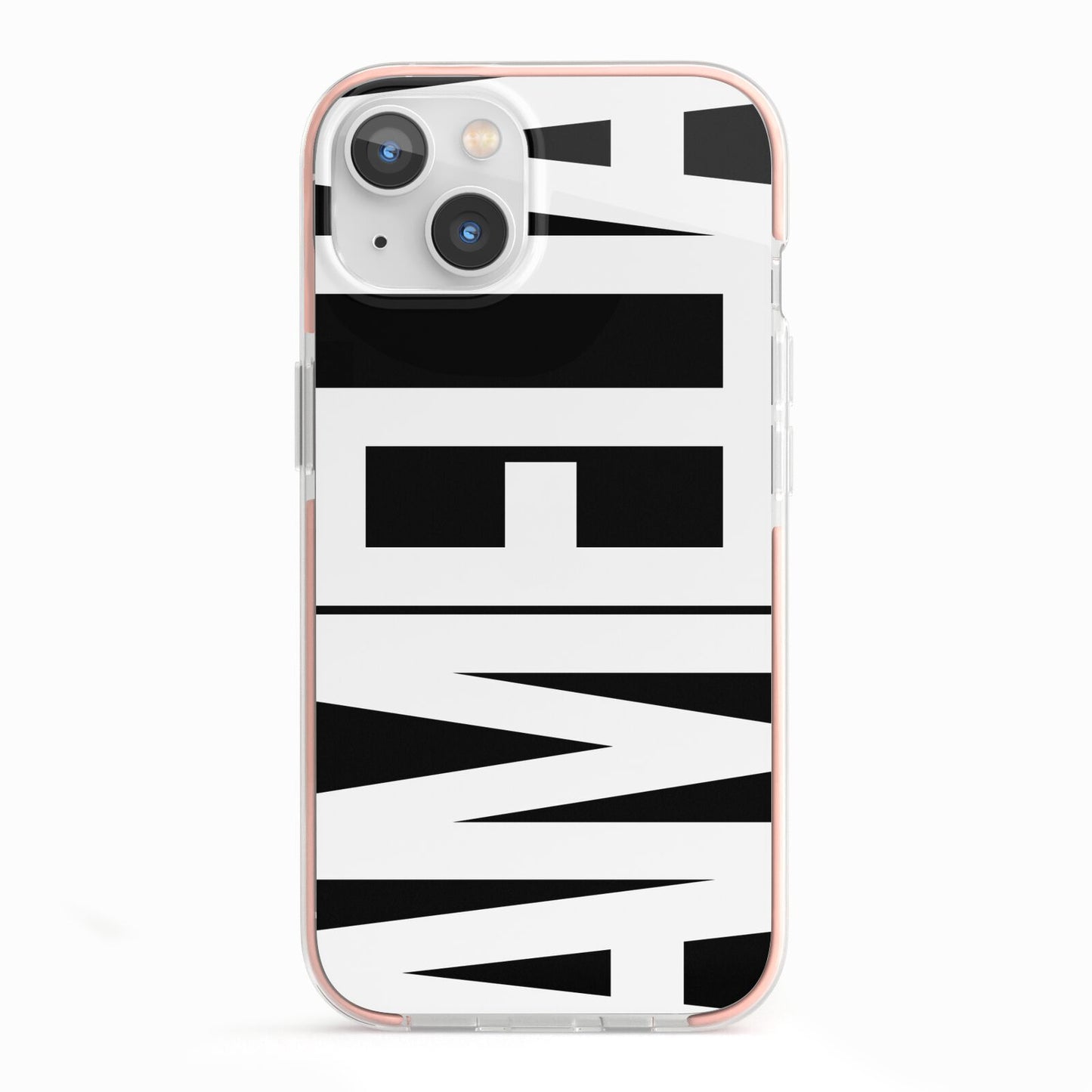 Black with Bold White Name iPhone 13 TPU Impact Case with Pink Edges