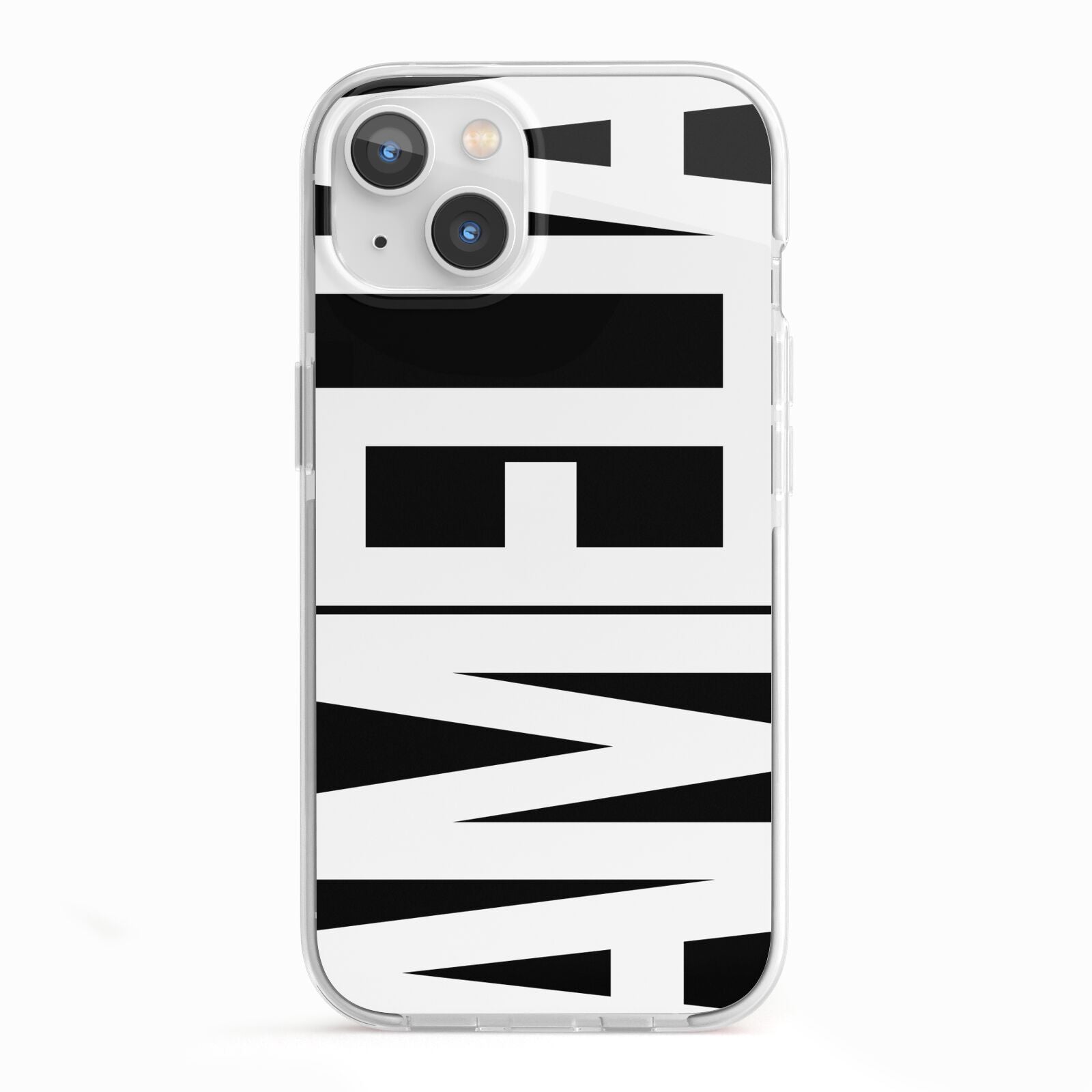Black with Bold White Name iPhone 13 TPU Impact Case with White Edges