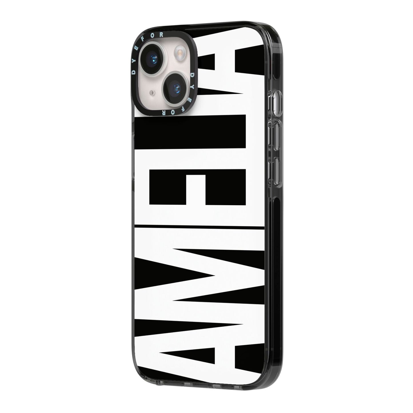 Black with Bold White Name iPhone 14 Black Impact Case Side Angle on Silver phone