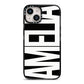 Black with Bold White Name iPhone 14 Black Impact Case on Silver phone
