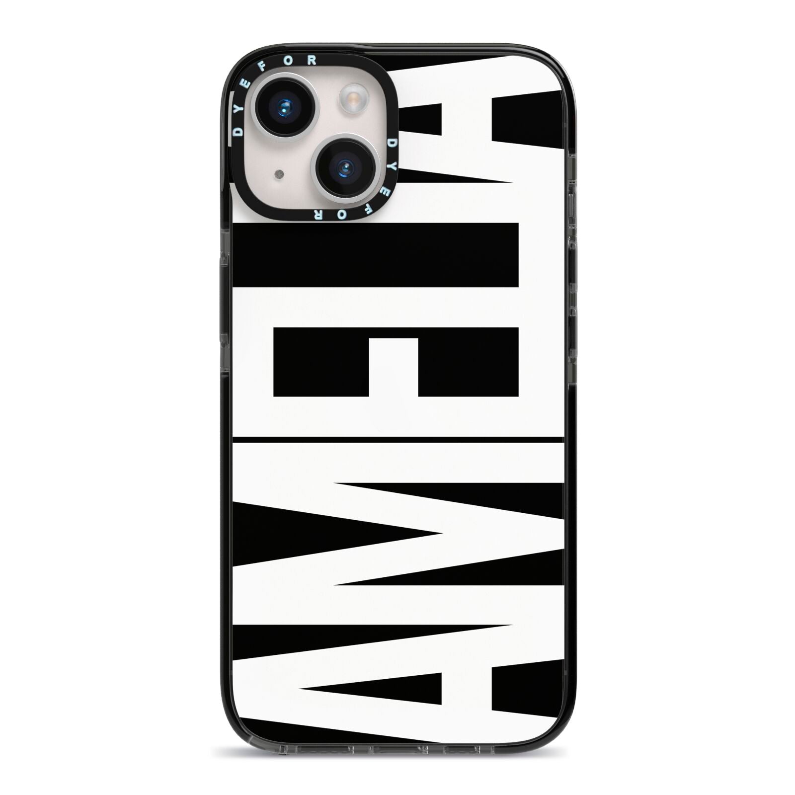 Black with Bold White Name iPhone 14 Black Impact Case on Silver phone