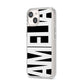Black with Bold White Name iPhone 14 Clear Tough Case Starlight Angled Image