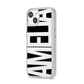 Black with Bold White Name iPhone 14 Glitter Tough Case Starlight Angled Image