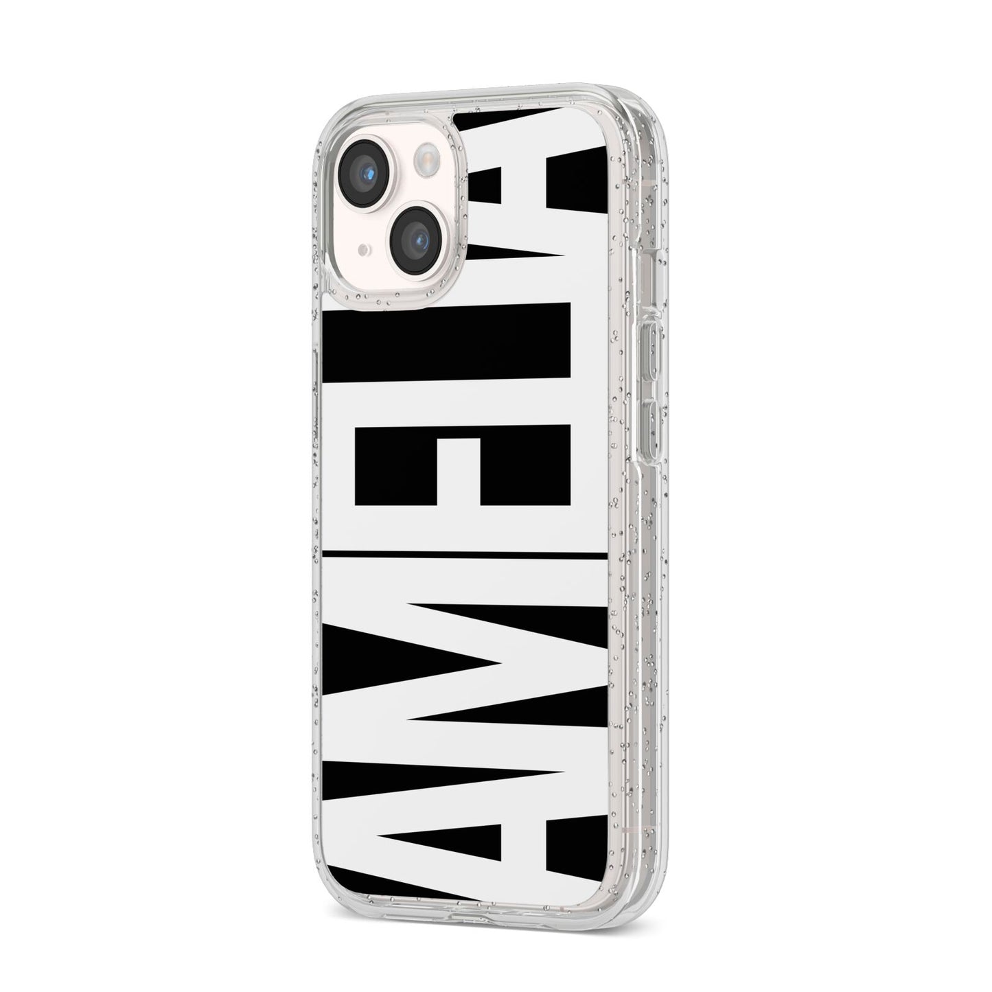 Black with Bold White Name iPhone 14 Glitter Tough Case Starlight Angled Image