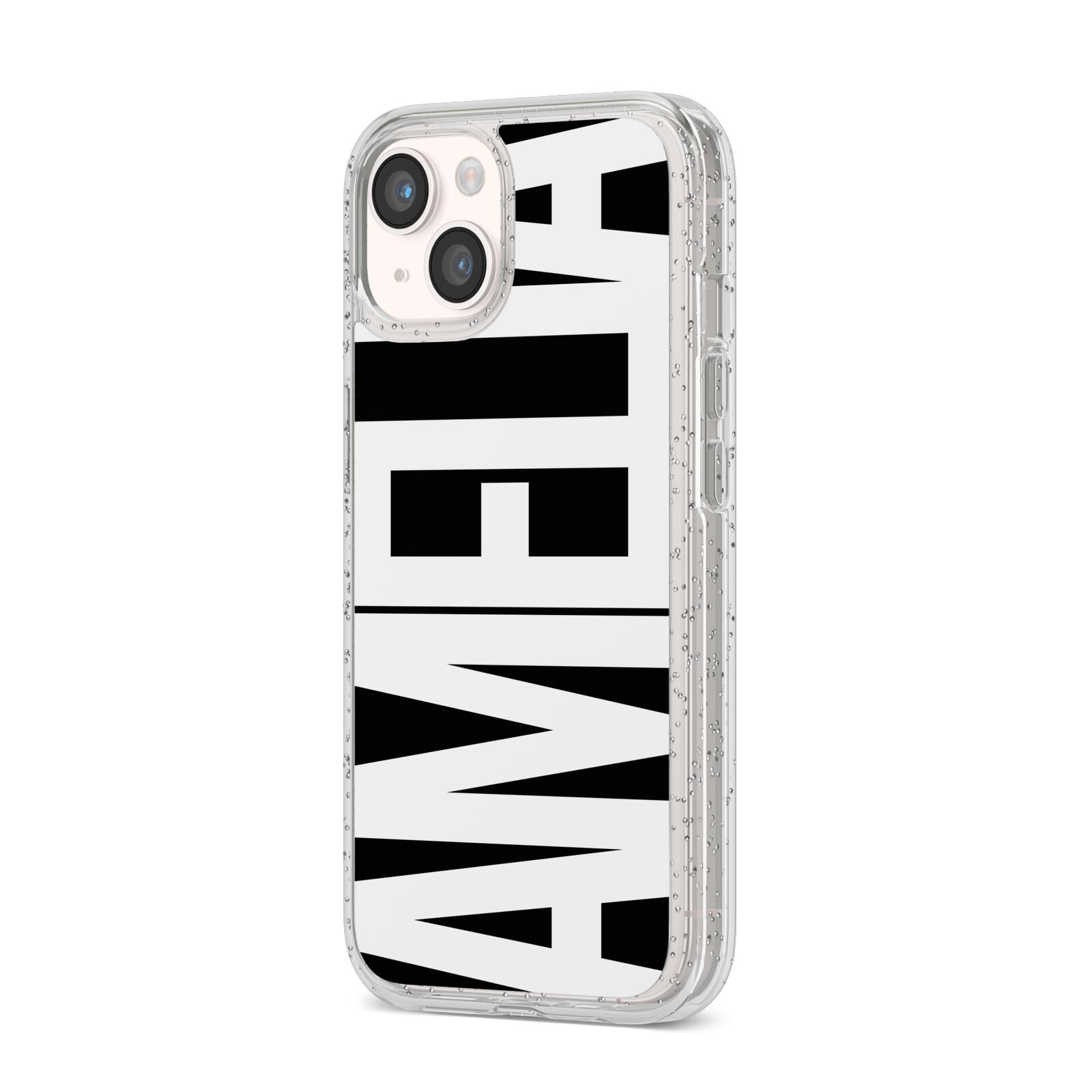 Black with Bold White Name iPhone 14 Glitter Tough Case Starlight Angled Image