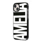 Black with Bold White Name iPhone 14 Plus Black Impact Case Side Angle on Silver phone
