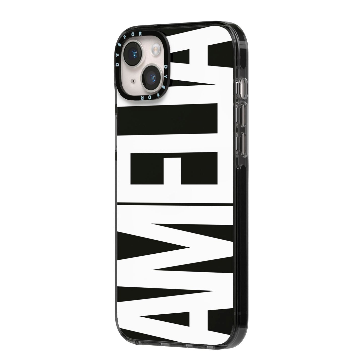 Black with Bold White Name iPhone 14 Plus Black Impact Case Side Angle on Silver phone