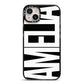 Black with Bold White Name iPhone 14 Plus Black Impact Case on Silver phone