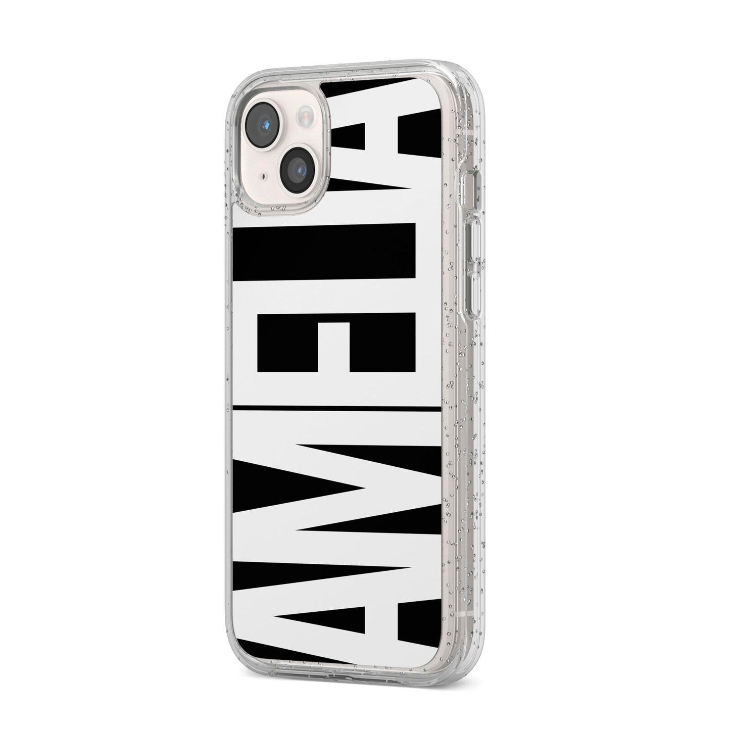 Black with Bold White Name iPhone 14 Plus Glitter Tough Case Starlight Angled Image