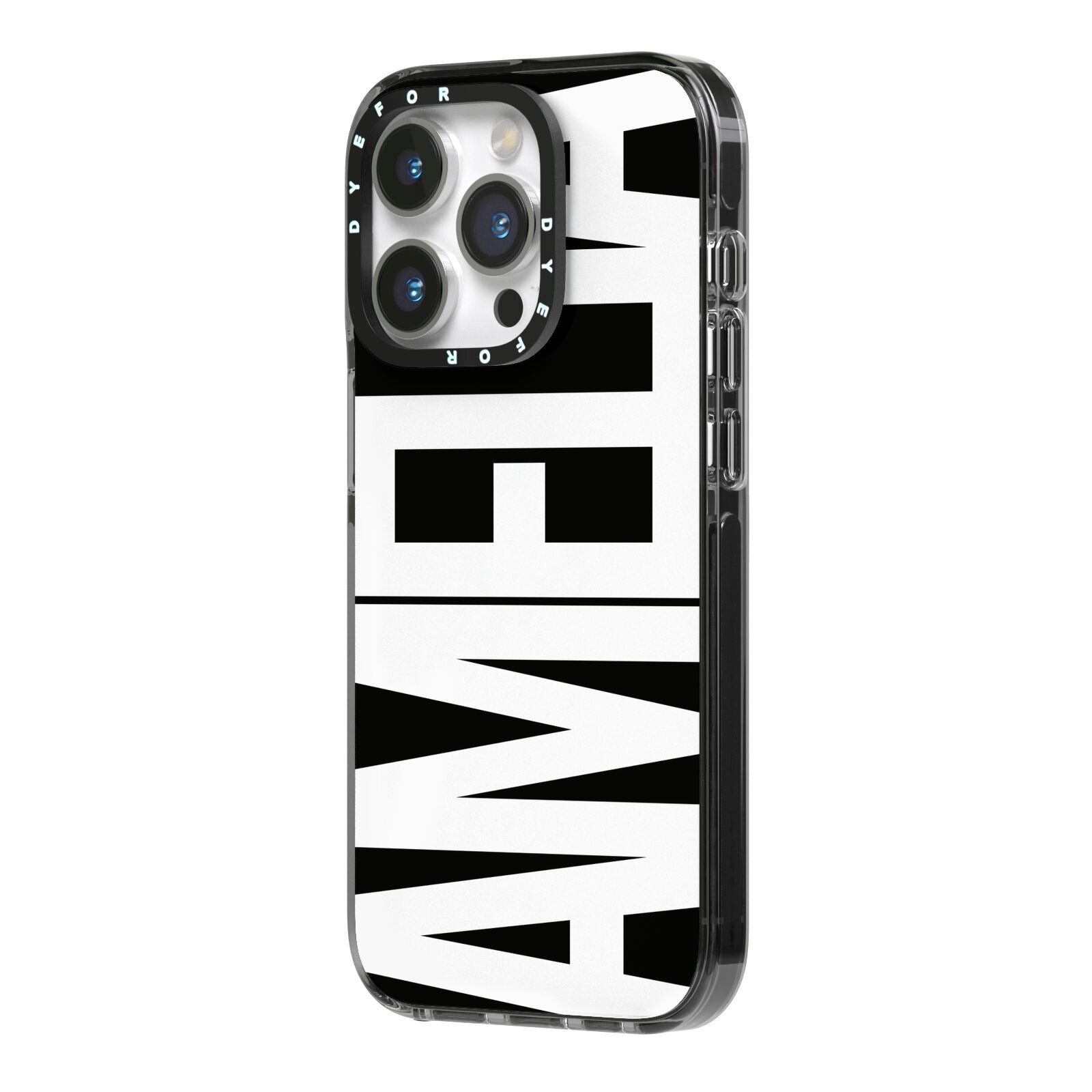 Black with Bold White Name iPhone 14 Pro Black Impact Case Side Angle on Silver phone