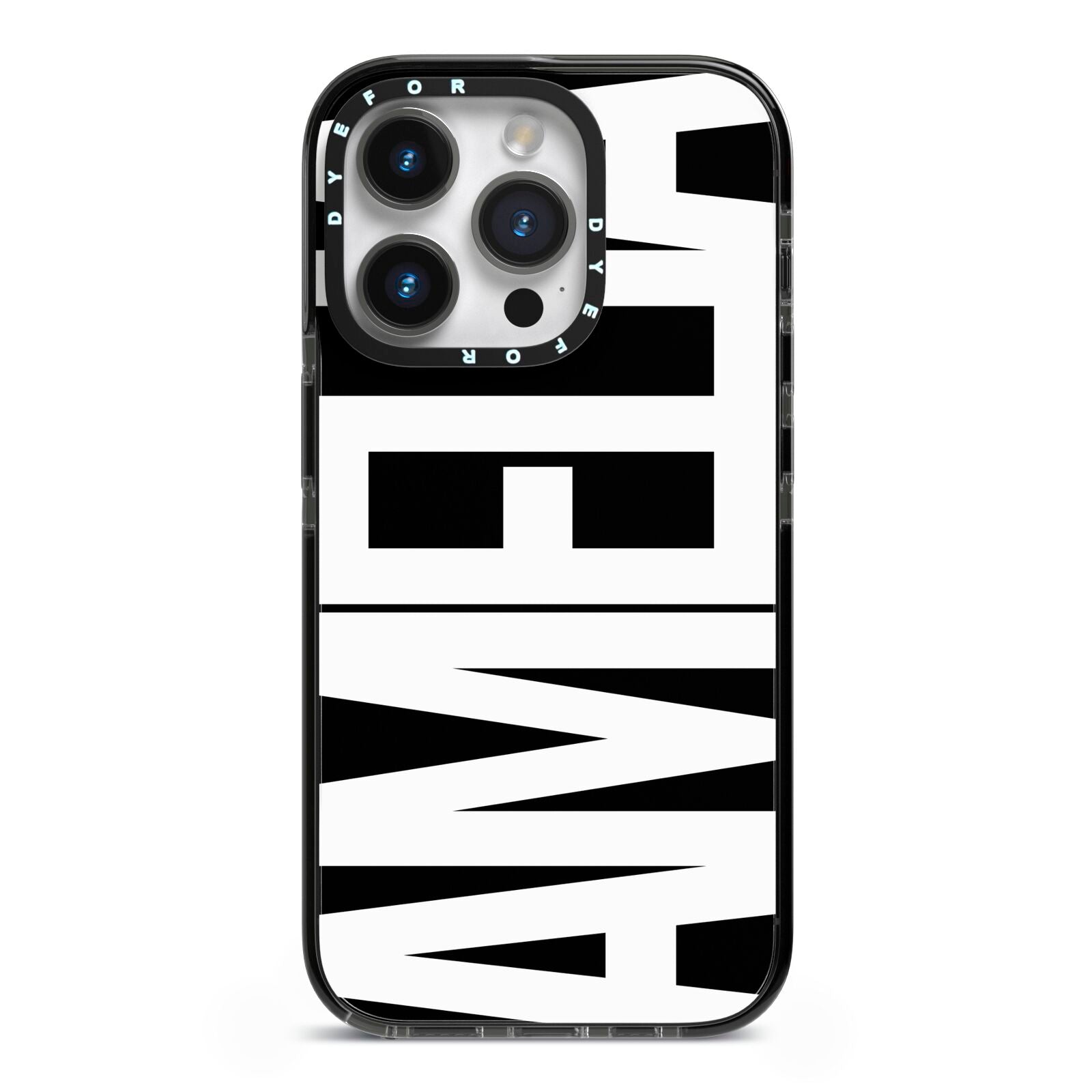 Black with Bold White Name iPhone 14 Pro Black Impact Case on Silver phone
