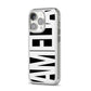 Black with Bold White Name iPhone 14 Pro Clear Tough Case Silver Angled Image