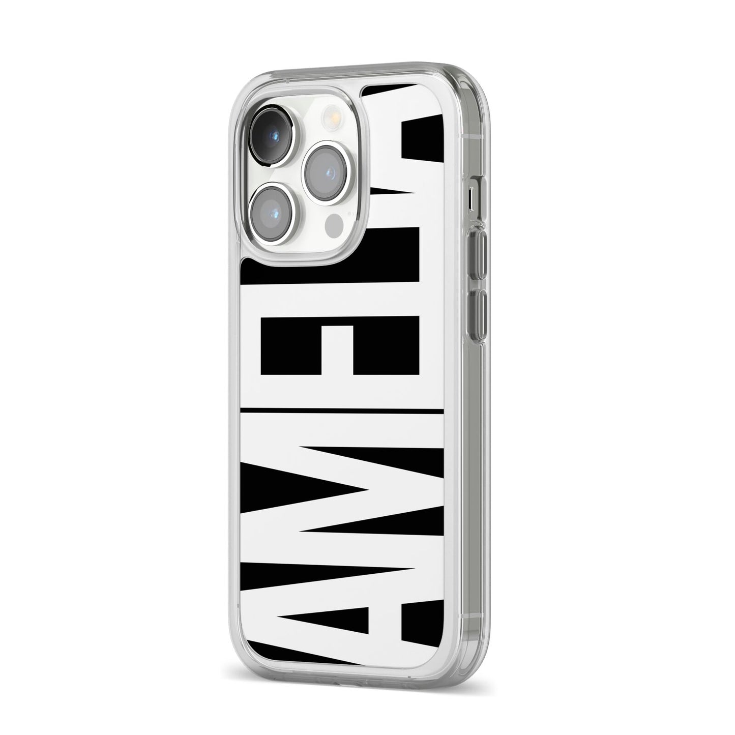 Black with Bold White Name iPhone 14 Pro Clear Tough Case Silver Angled Image